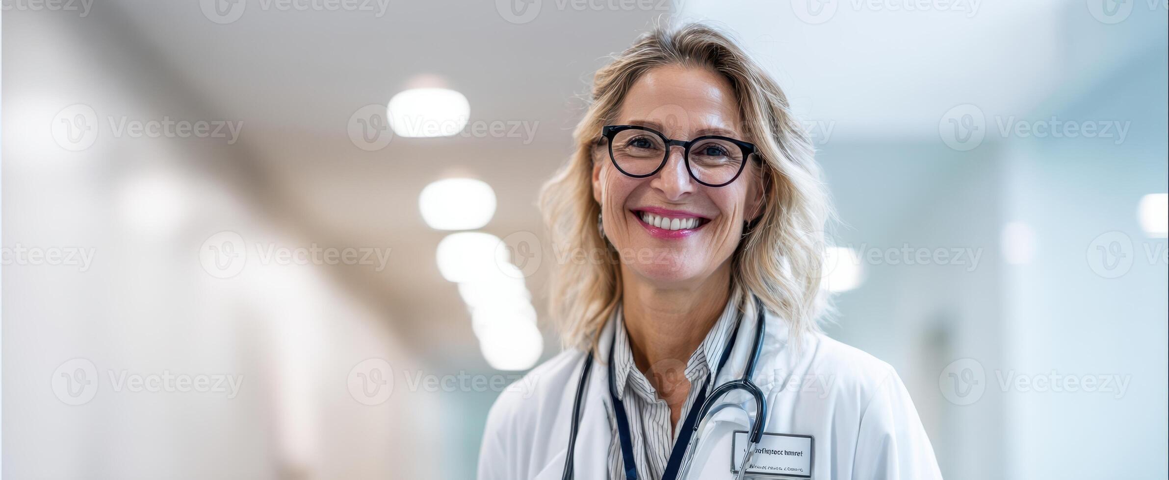 The smiling doctor in a white coat standing confidently in a hospital hallway. photo