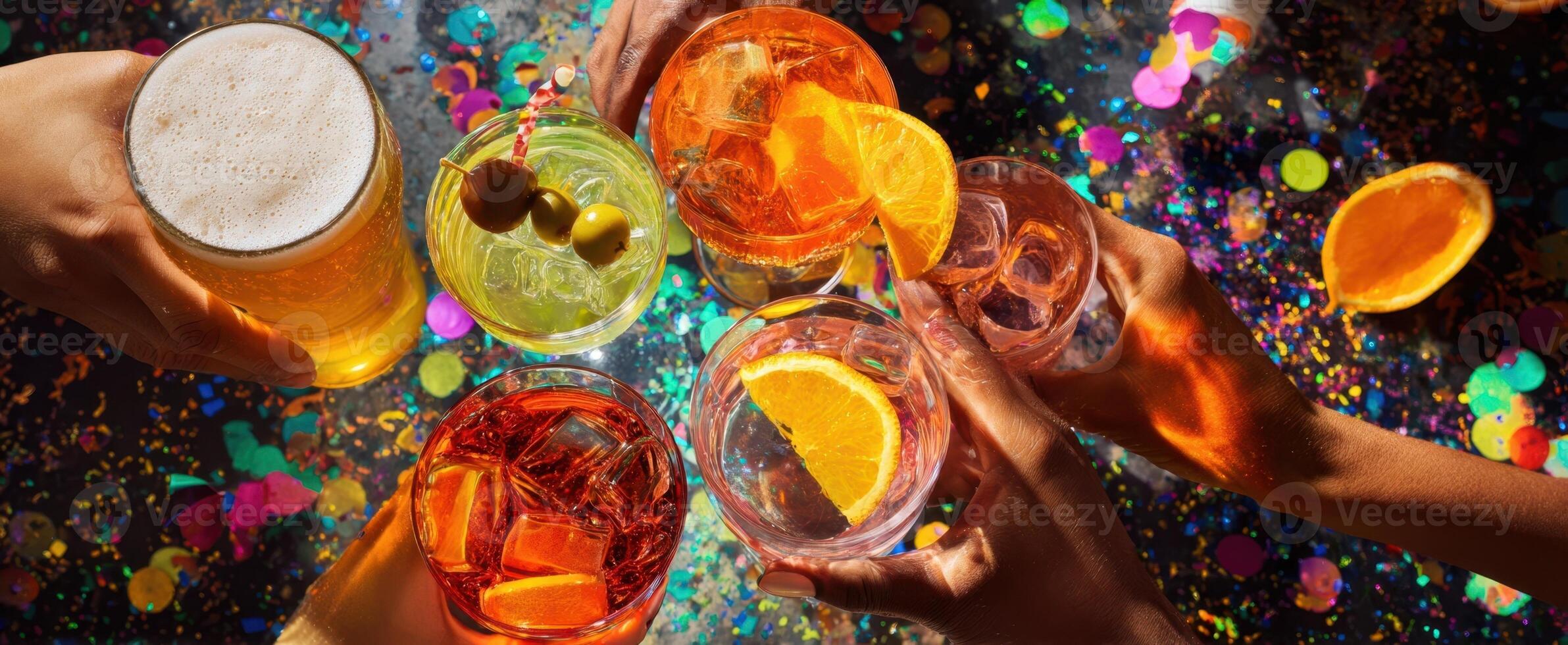 The vibrant assortment of cocktails amidst a lively celebration scene. photo