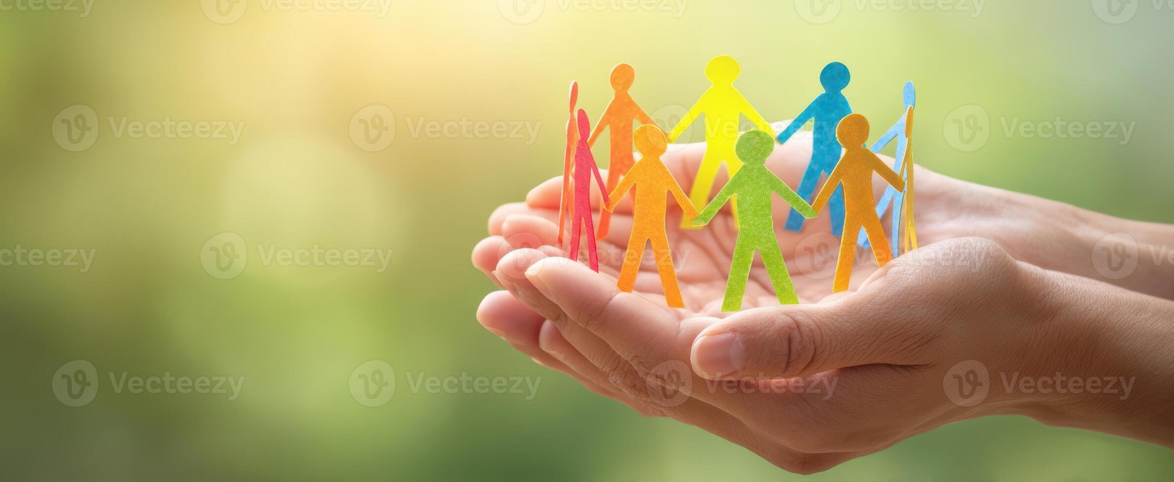 The Hands Holding a Colorful Circle of Paper Figures in Unity. photo