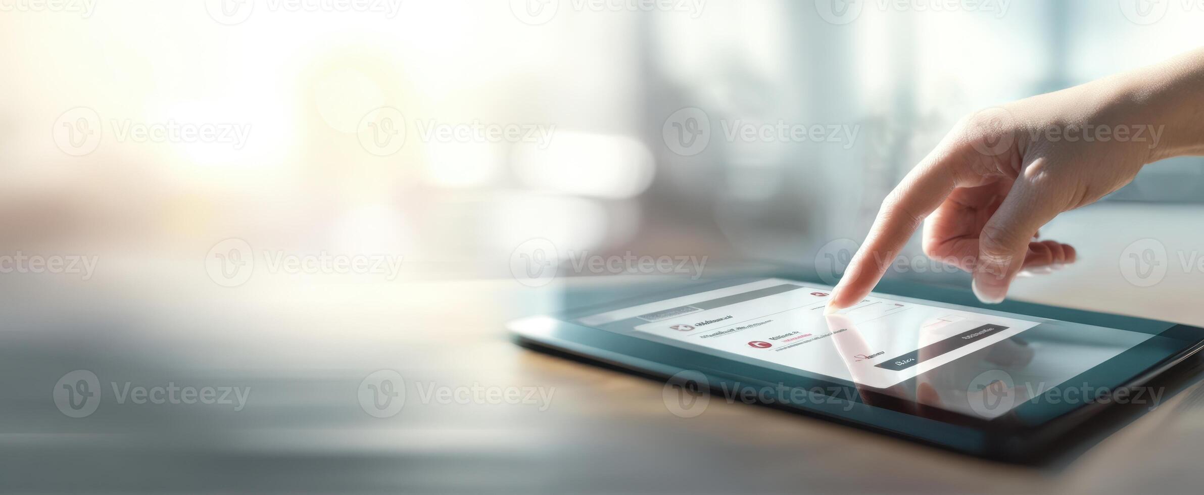 The user interacting with a tablet screen in a modern workspace setting. photo