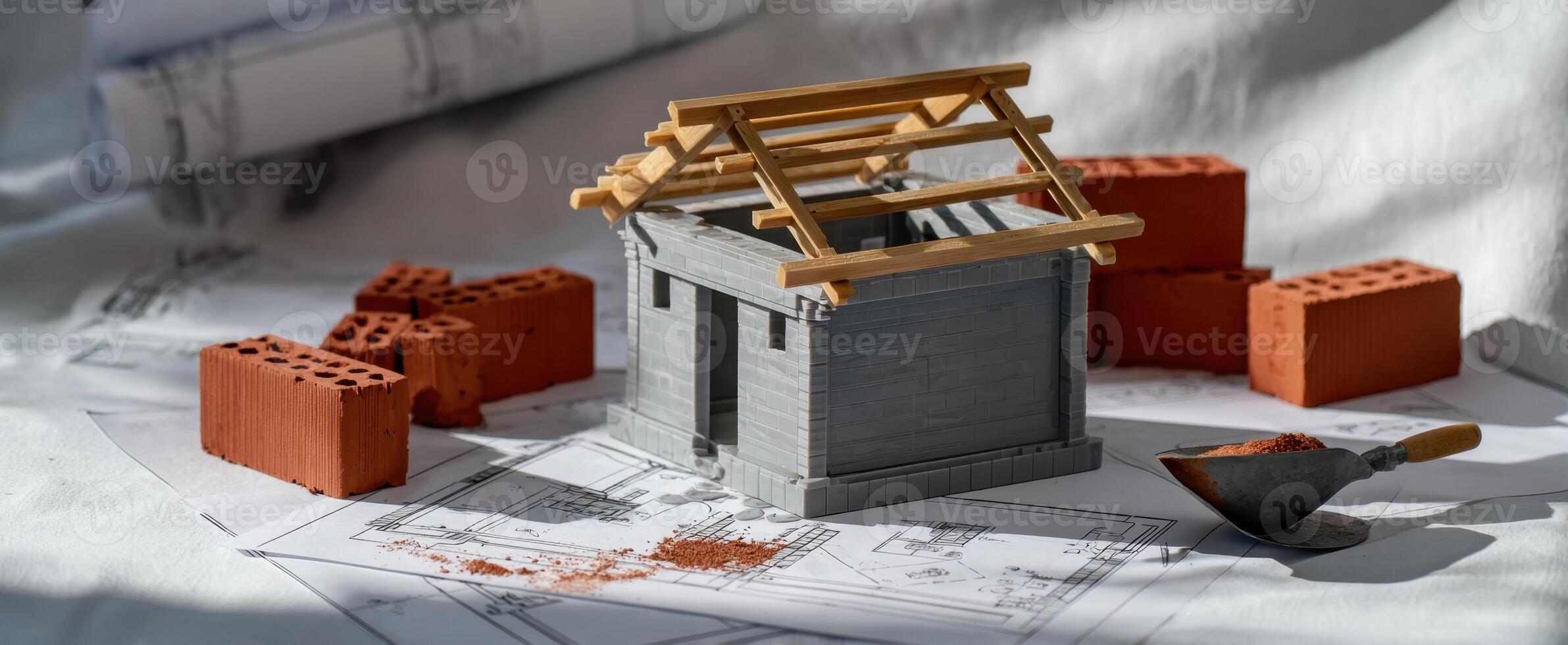 The miniature house model surrounded by bricks and architectural plans photo