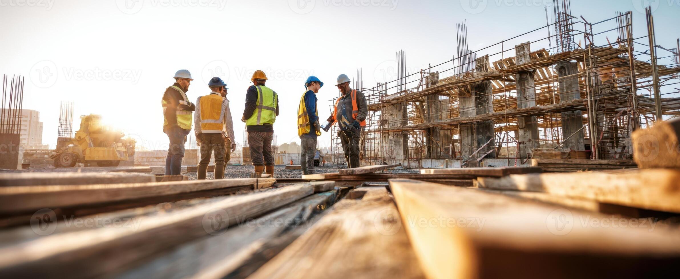 The construction team collaborating on a building project at sunset photo