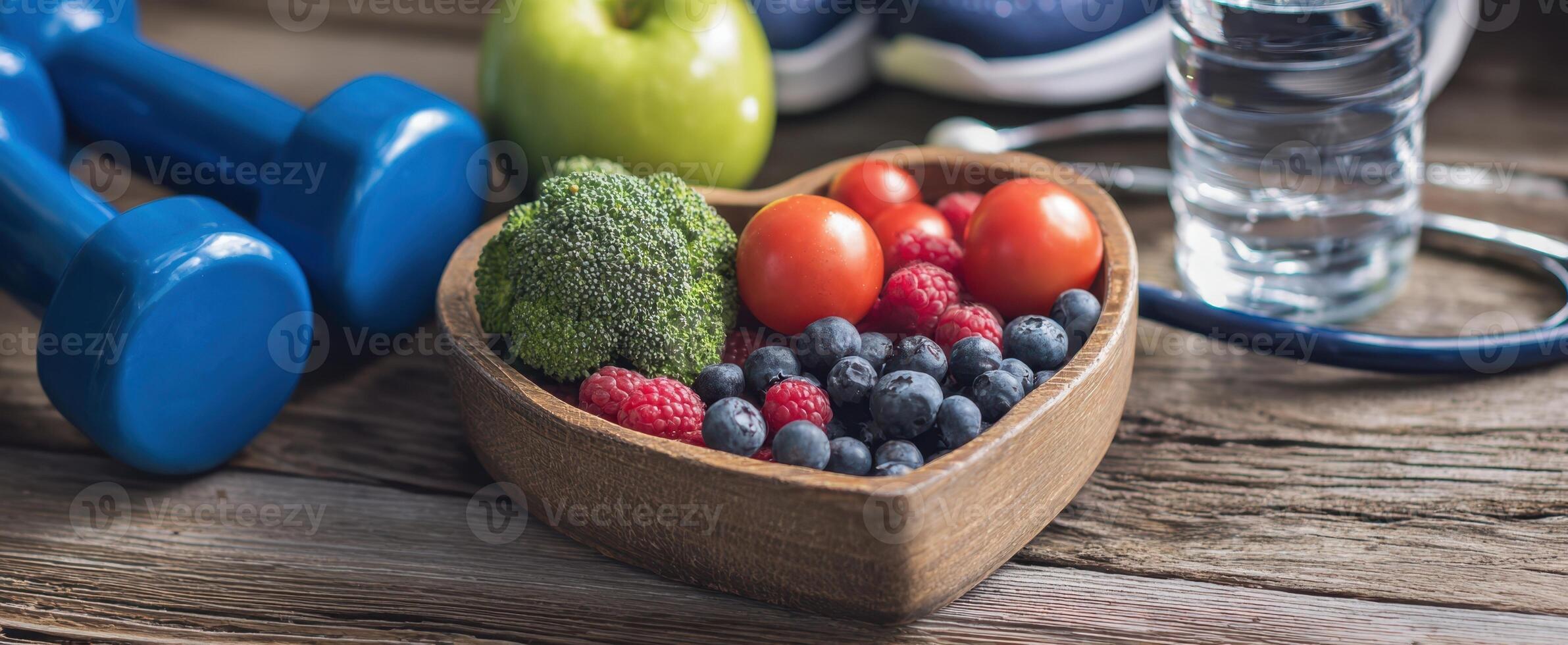 The healthy heart-shaped bowl filled with colorful fruits and vegetables on a wooden table. photo