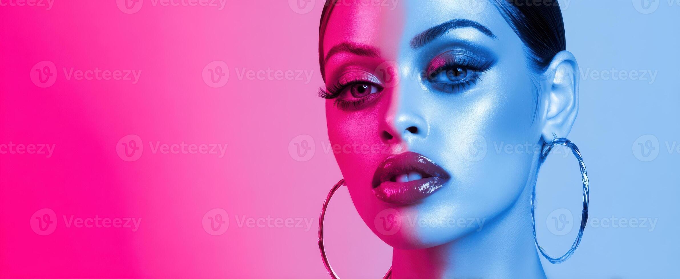 The striking portrait of a glamorous model in vibrant lighting. photo