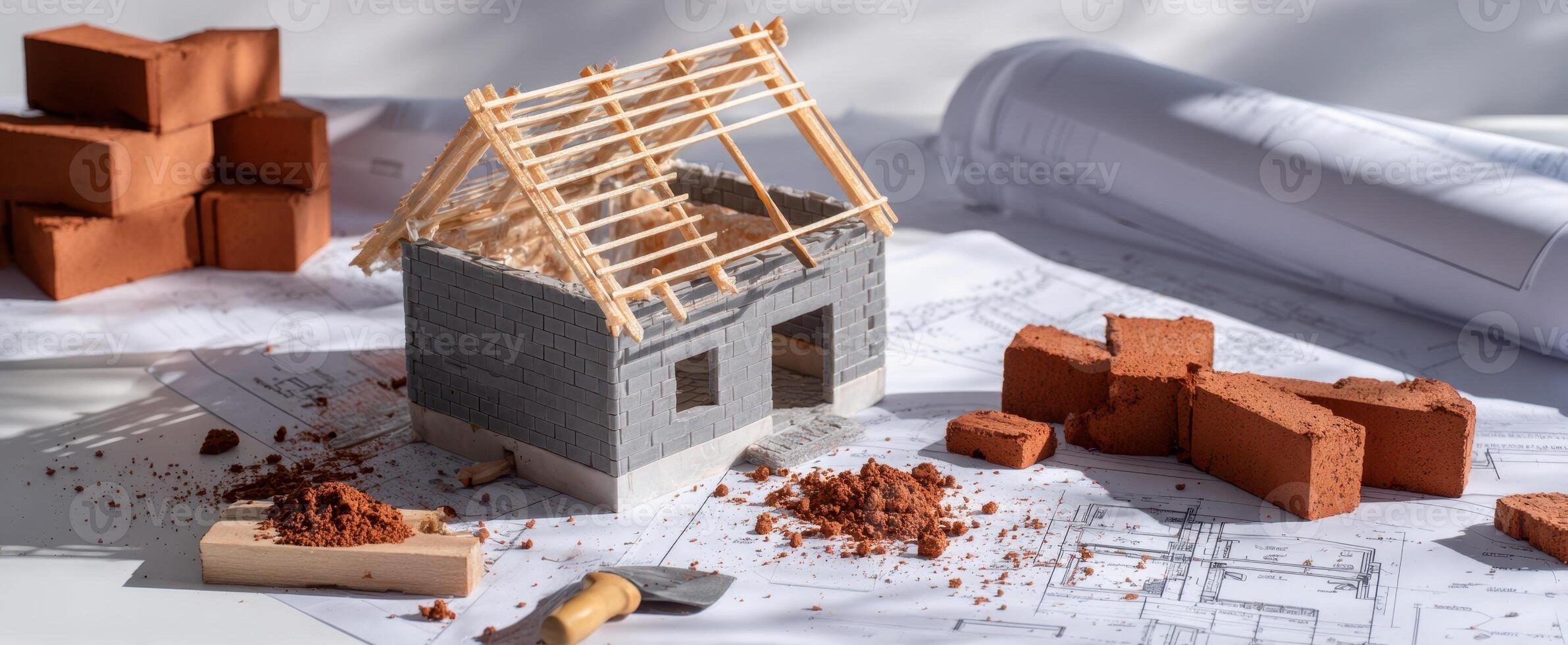 The construction model house with bricks and blueprints on a workspace. photo