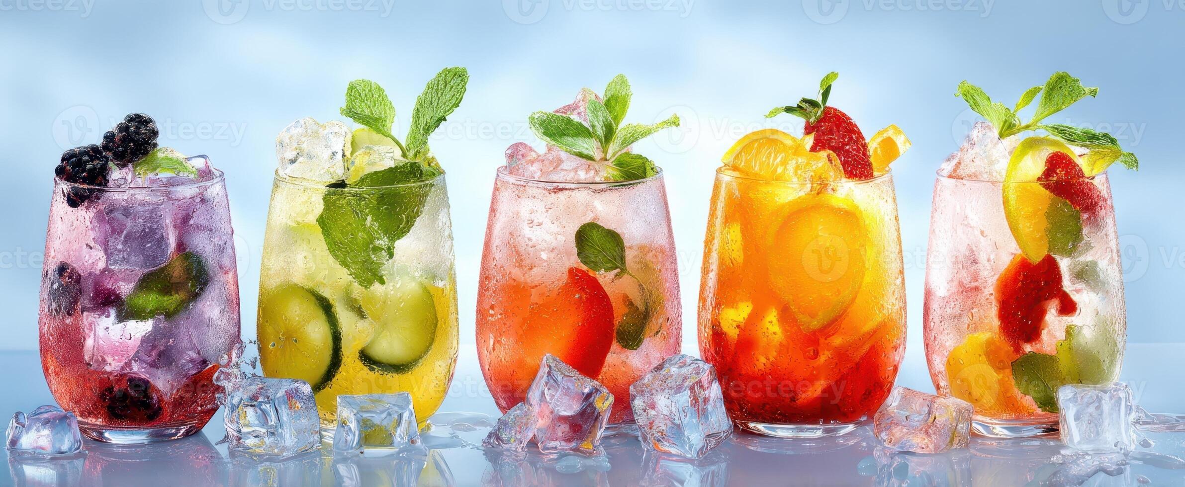 The colorful array of refreshing cocktails garnished with fresh fruits and mint. photo