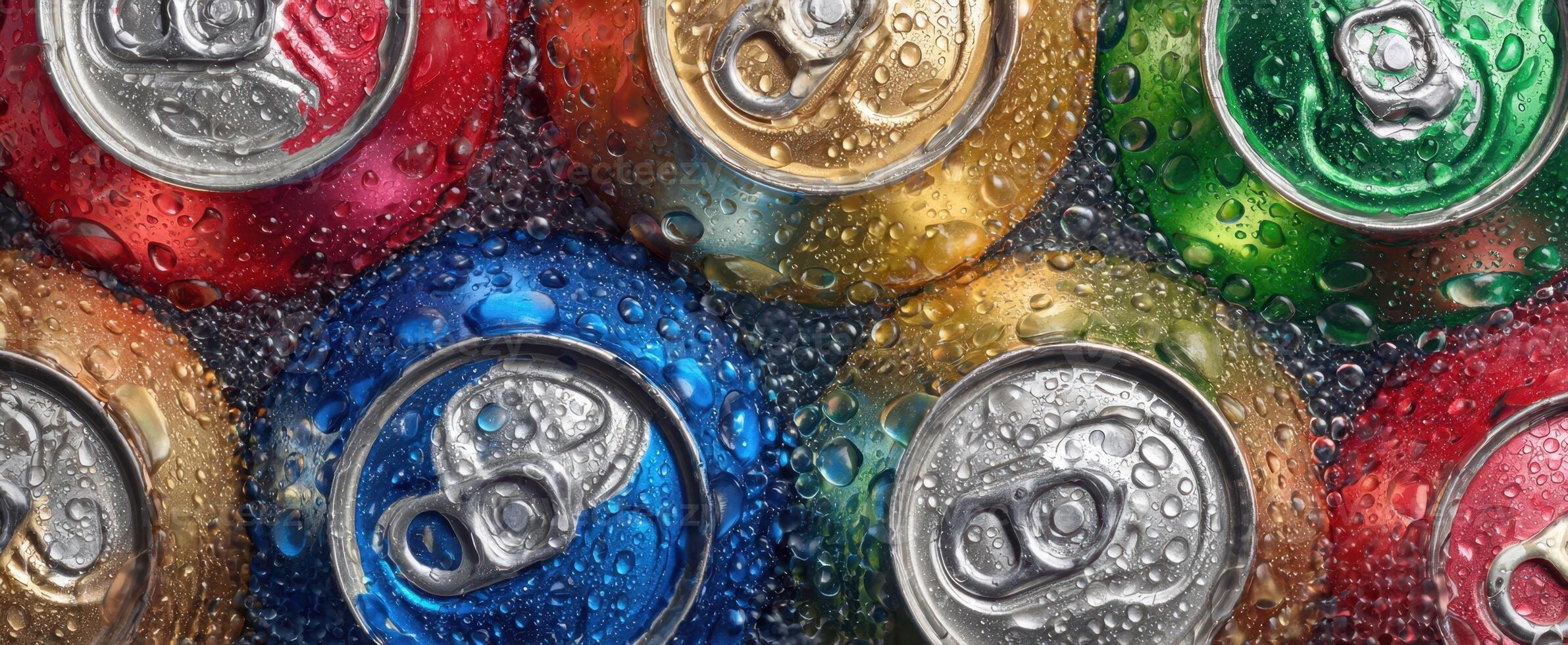 The vibrant collection of colorful beverage cans with droplets. photo