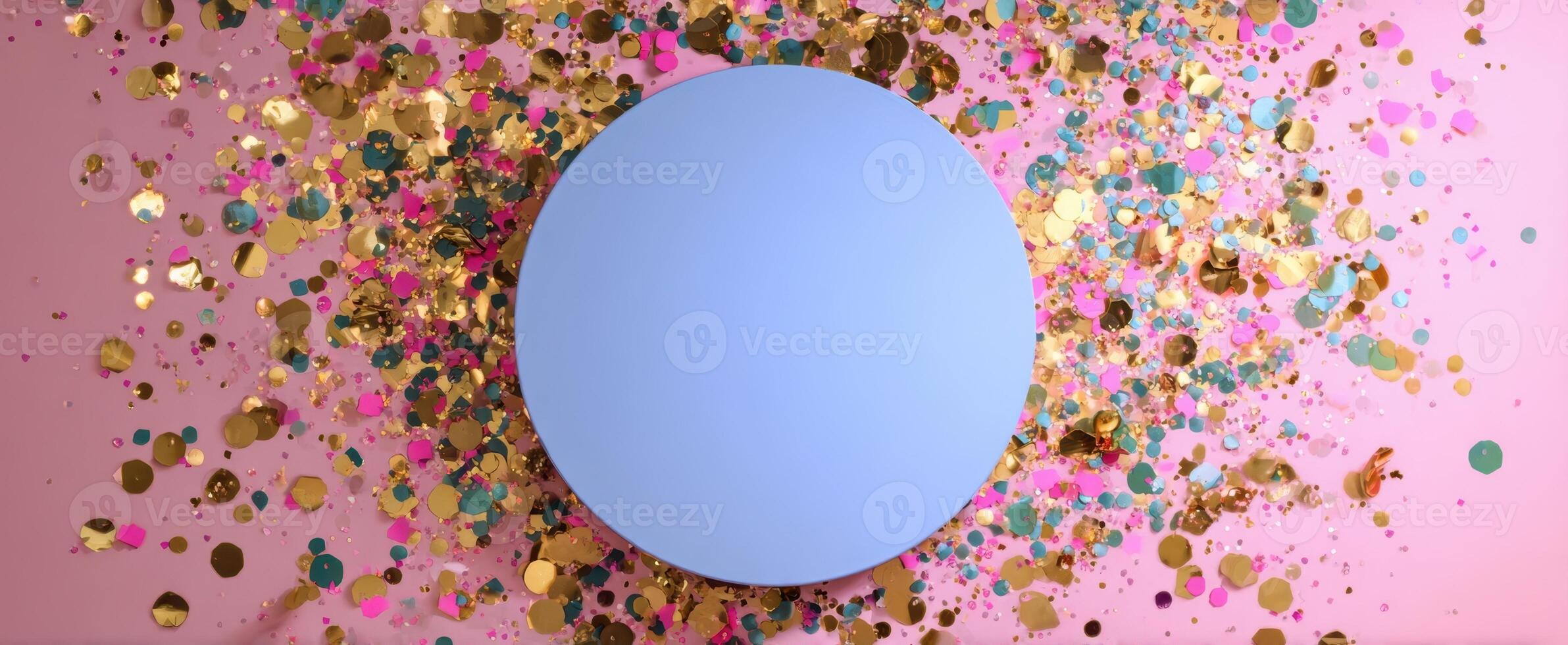 The Colorful Circular Design Surrounded by Sparkling Confetti on a Pink Background photo
