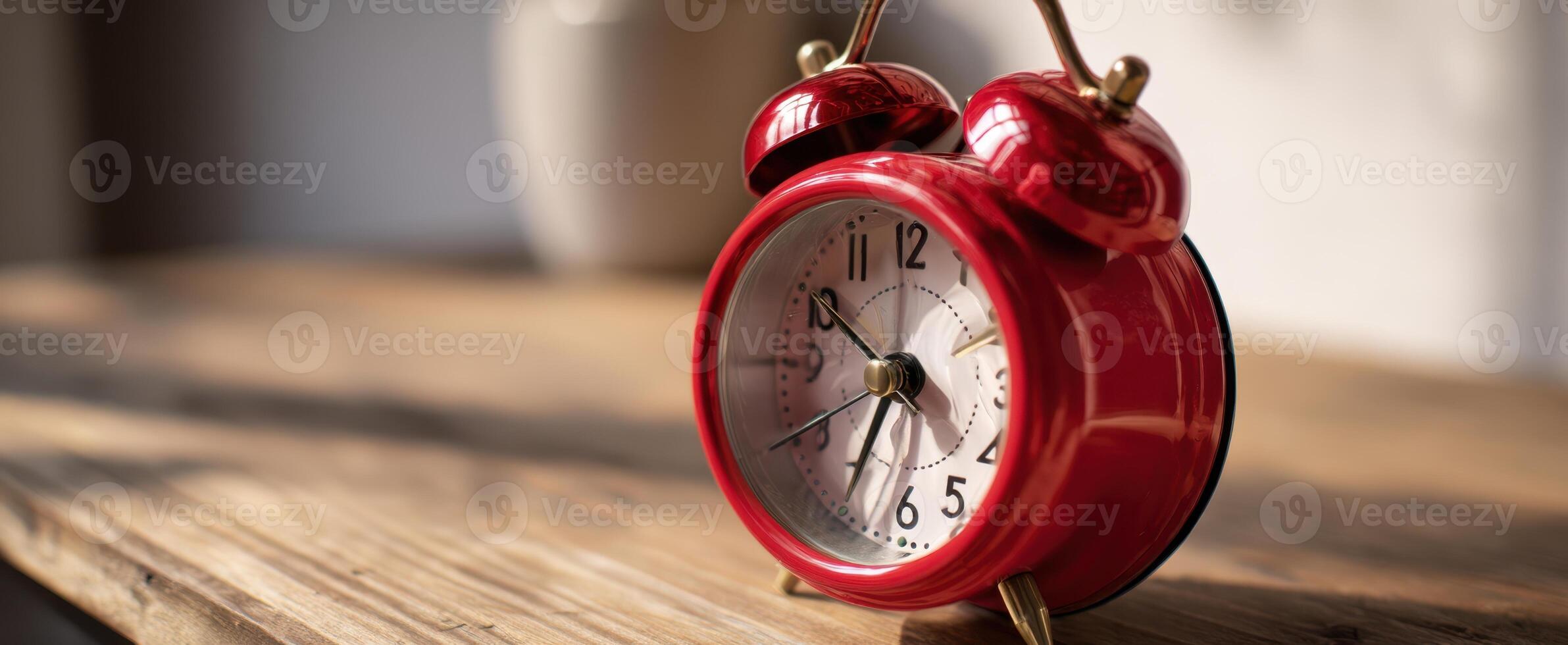 The vintage red alarm clock on a wooden table in soft morning light. photo