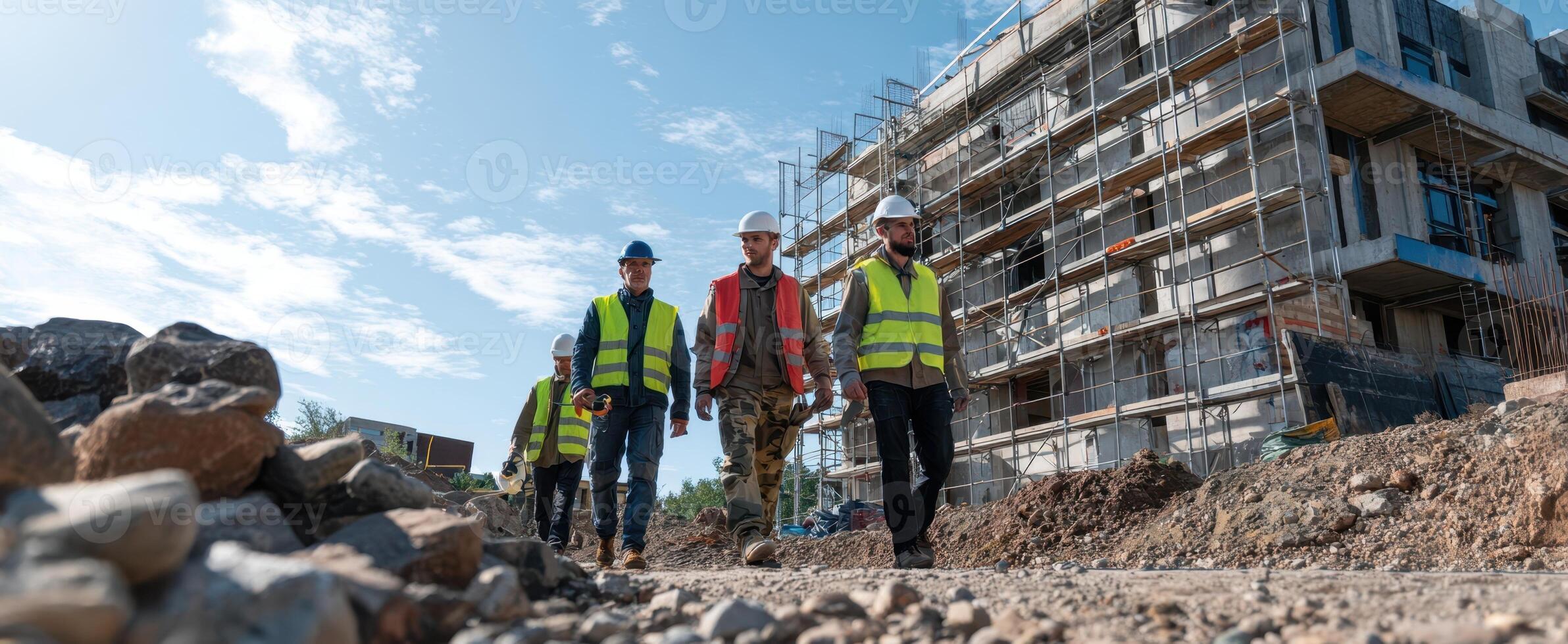 The construction workers collaborating on a developing building site in bright daylight. photo