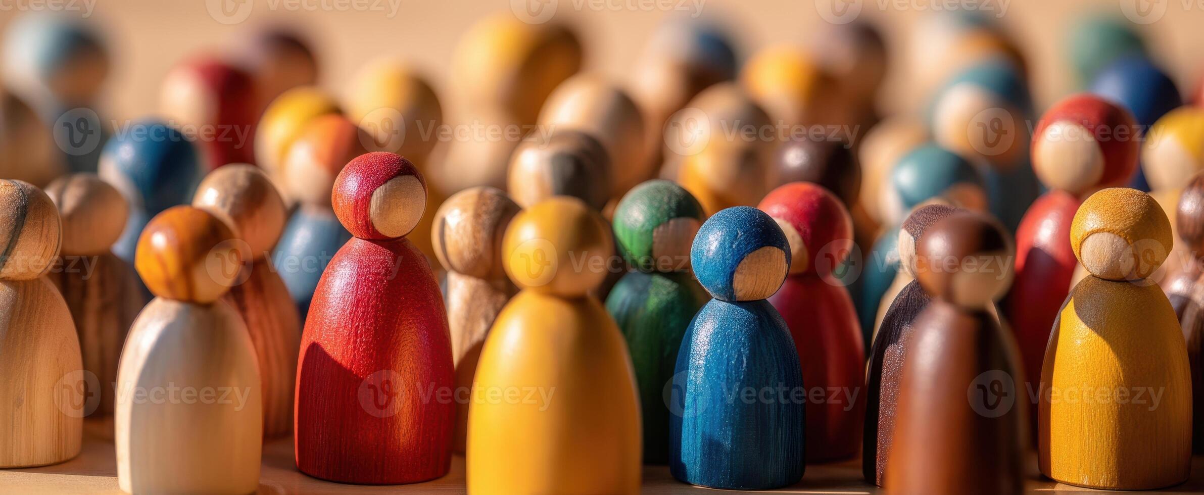 The colorful wooden figures representing a vibrant and diverse community in focus. photo