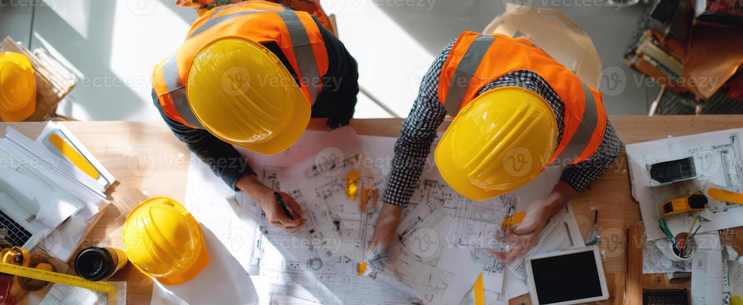The team of construction professionals analyzing blueprints at a work table photo