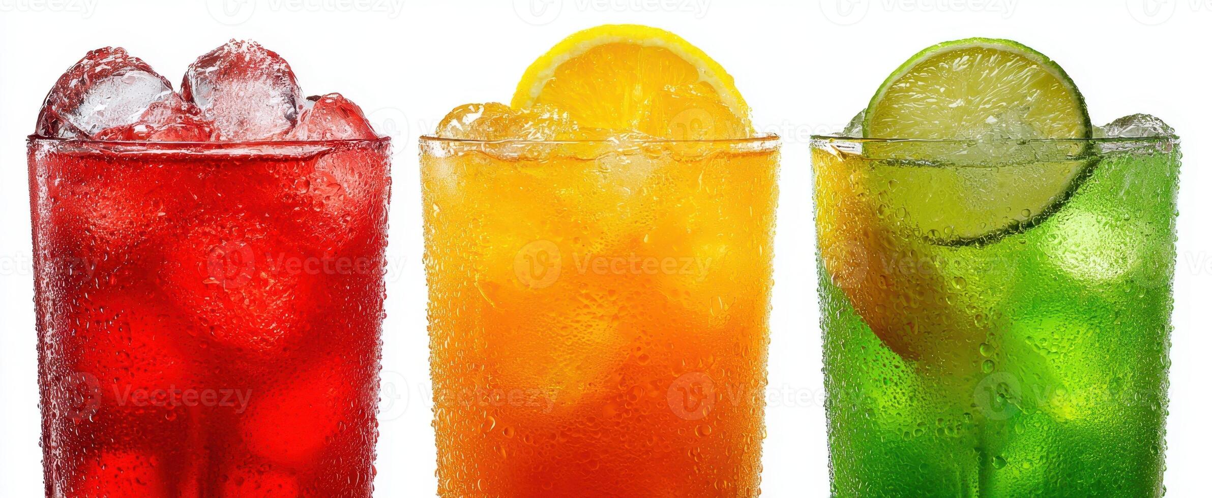 The vibrant selection of refreshing drinks with ice and citrus fruits. photo