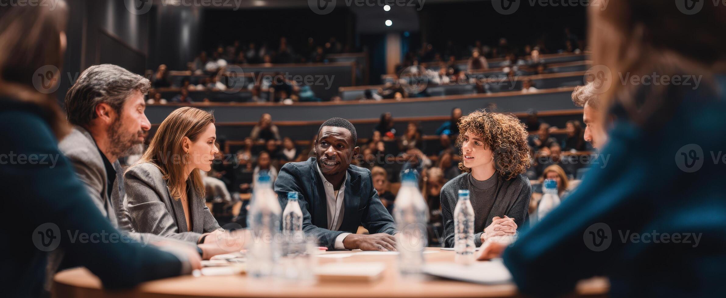 The engaging discussion among diverse professionals in a dynamic conference setting. photo