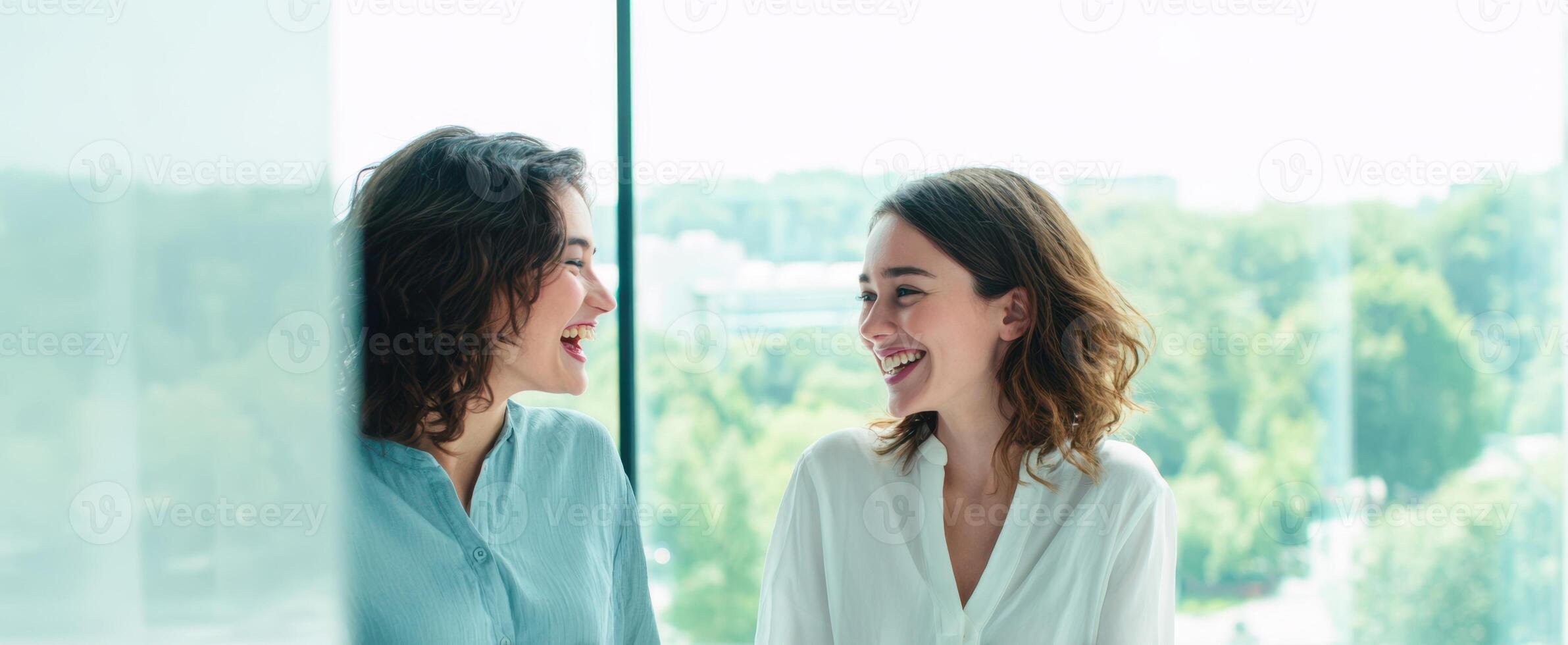 The joyful moment between two friends enjoying a light-hearted conversation by the window. photo