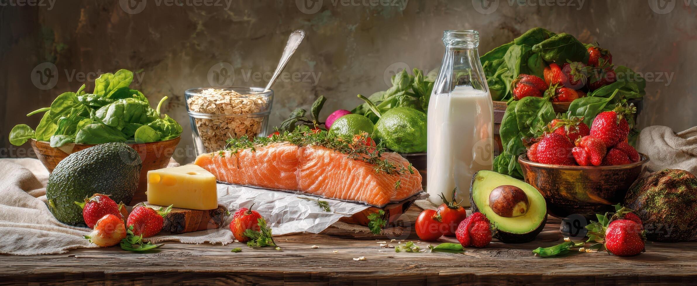 The vibrant arrangement of healthy foods featuring fresh salmon and colorful vegetables photo