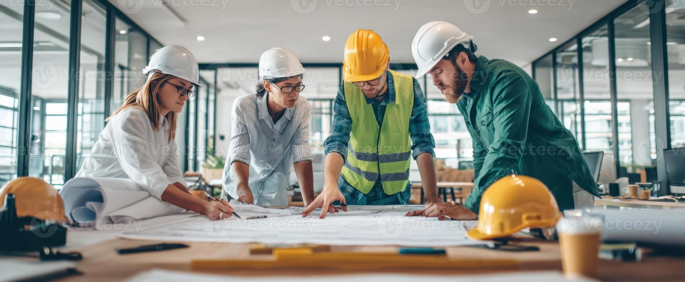 The team of construction professionals reviewing plans and collaborating on a project. photo