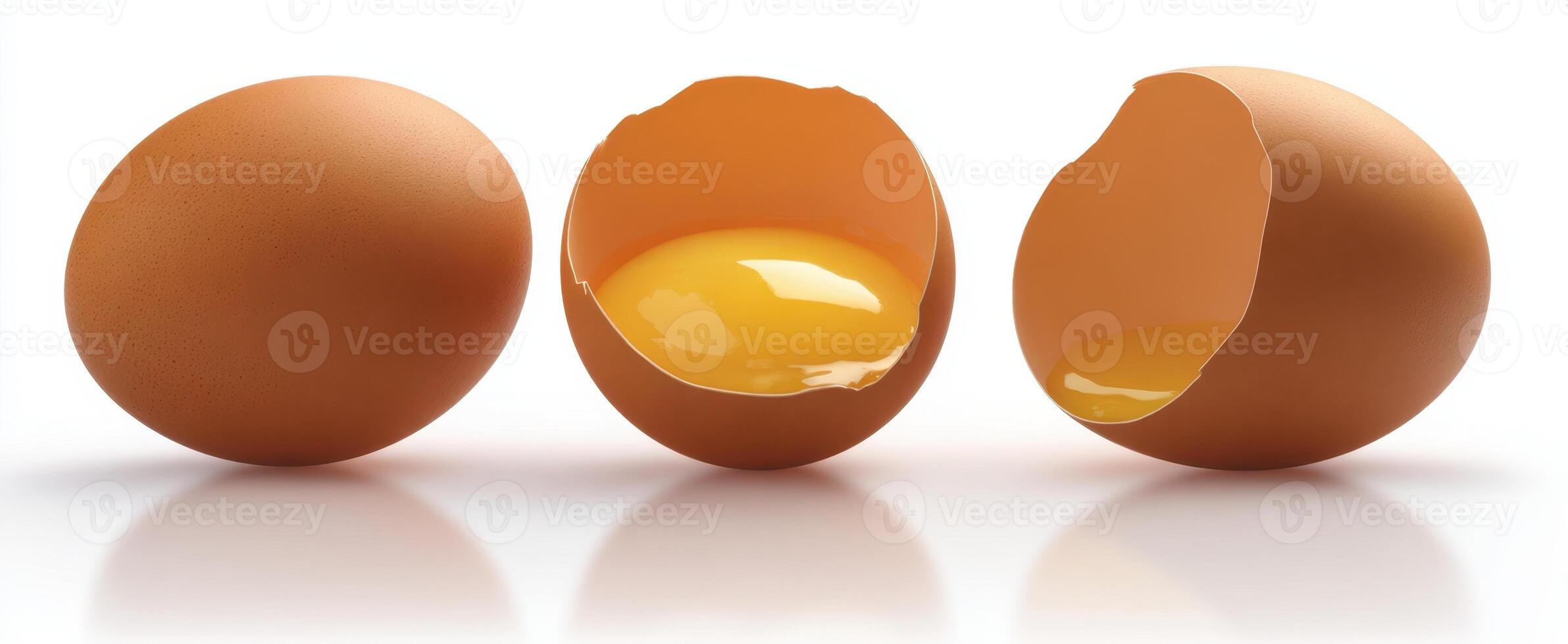 The collection of brown eggs with a broken shell and bright yolk. photo