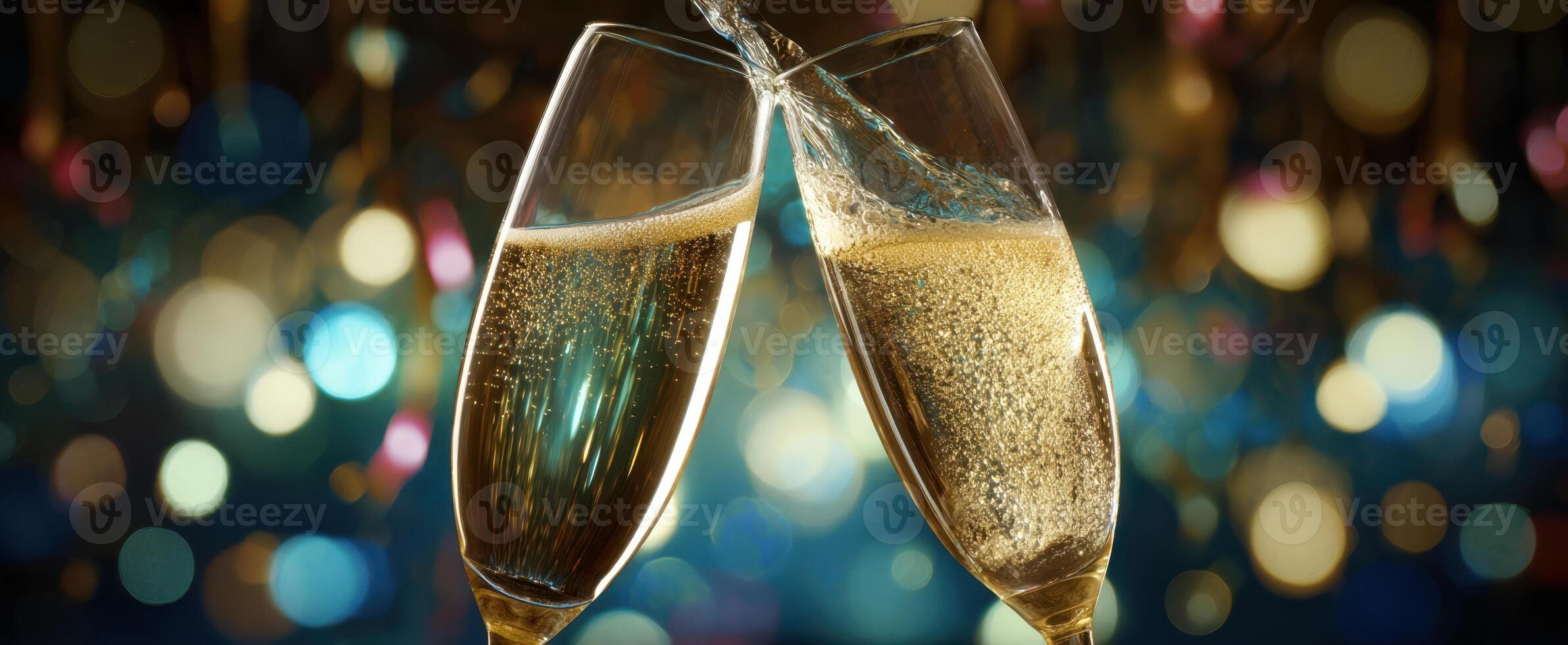 The elegant champagne glasses clinking in a festive celebration atmosphere. photo