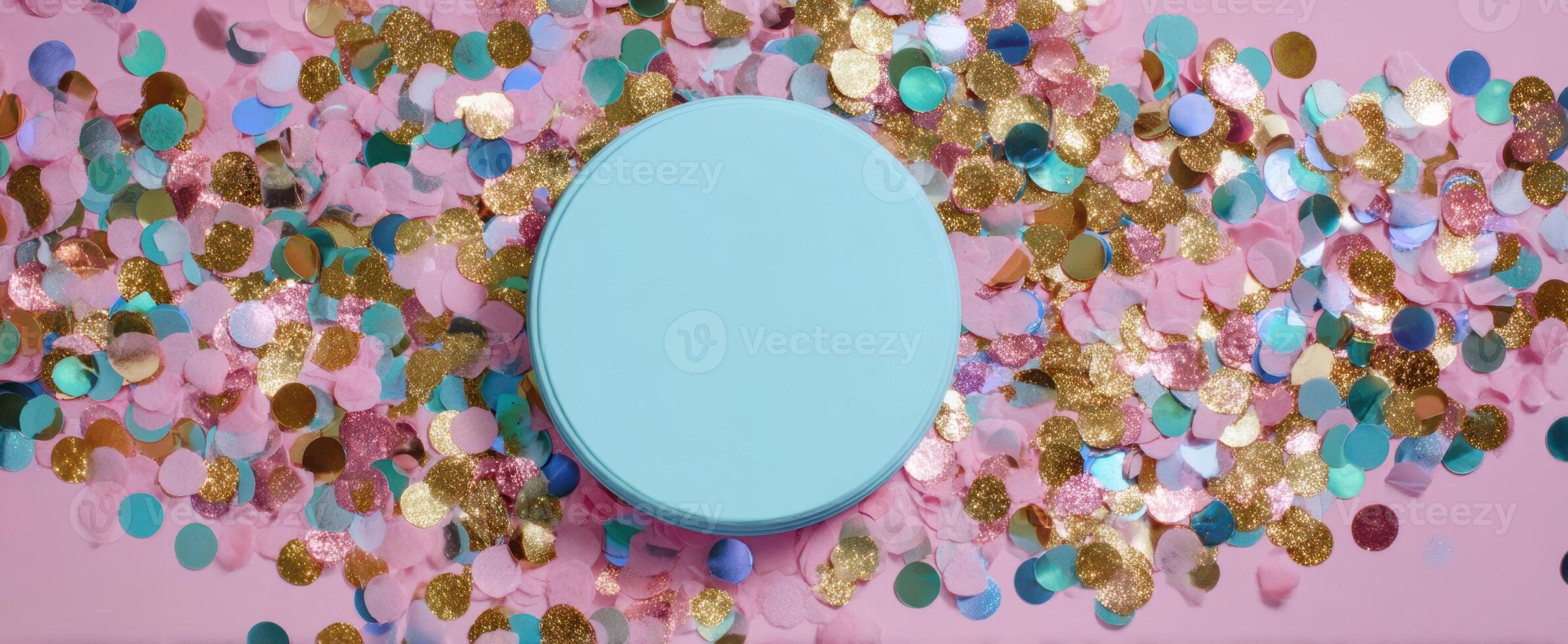 The vibrant blue circular box surrounded by colorful confetti on pink background. photo