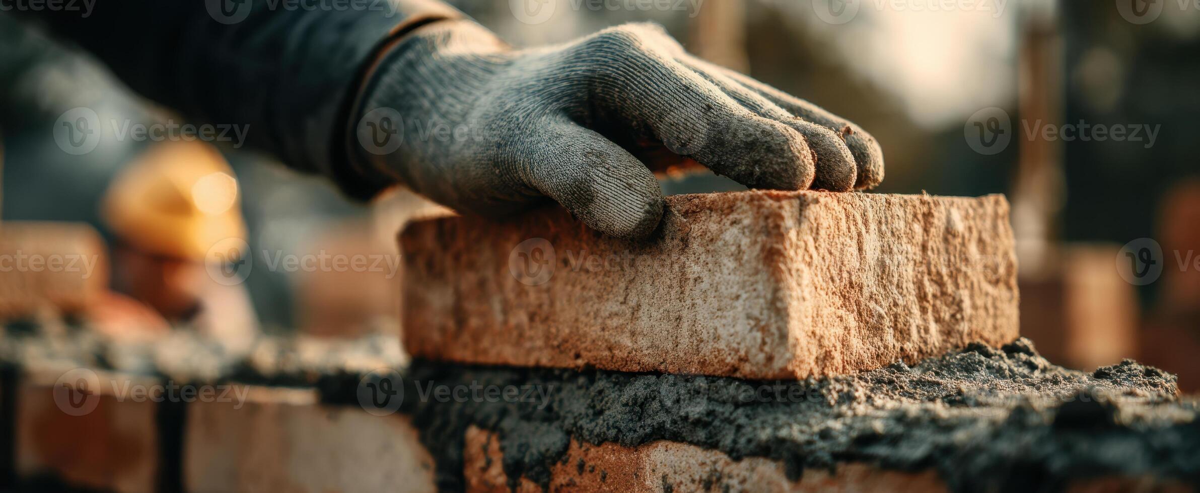 The skilled worker laying bricks with precision at a construction site. photo