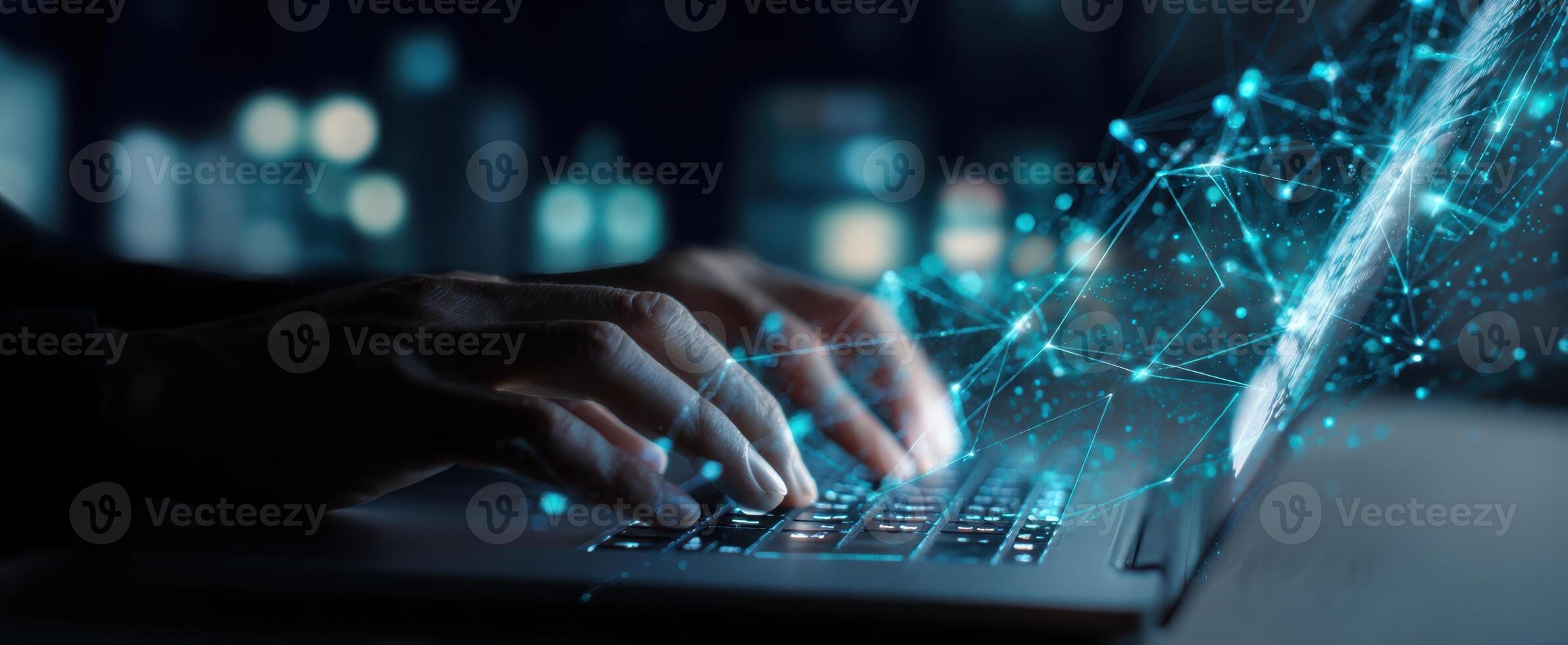 The hands typing on a laptop with digital connections and futuristic network graphics. photo
