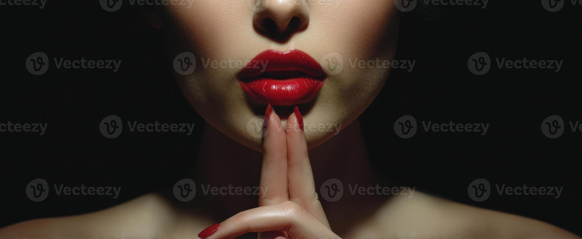 The captivating lips of a glamorous woman inviting silence and intrigue. photo