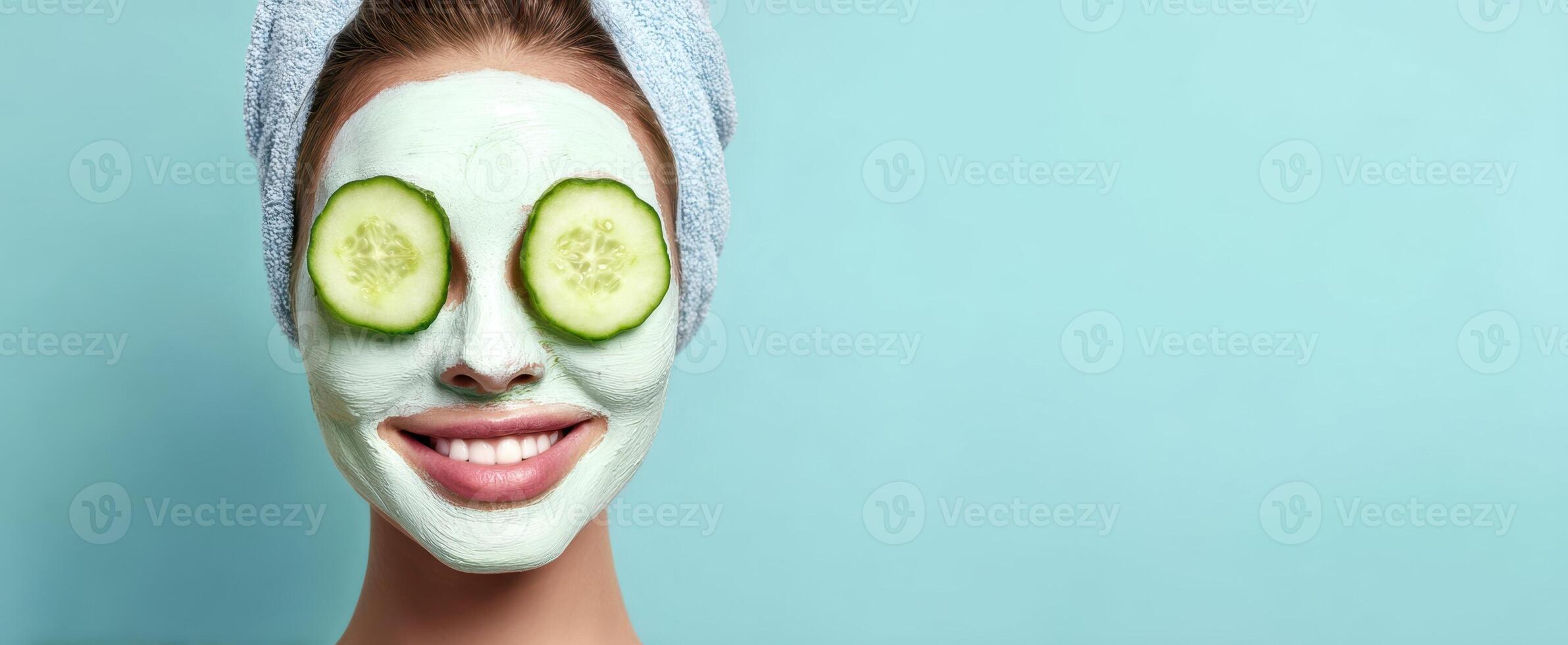 The woman enjoying a refreshing facial mask with cucumber slices on her eyes photo