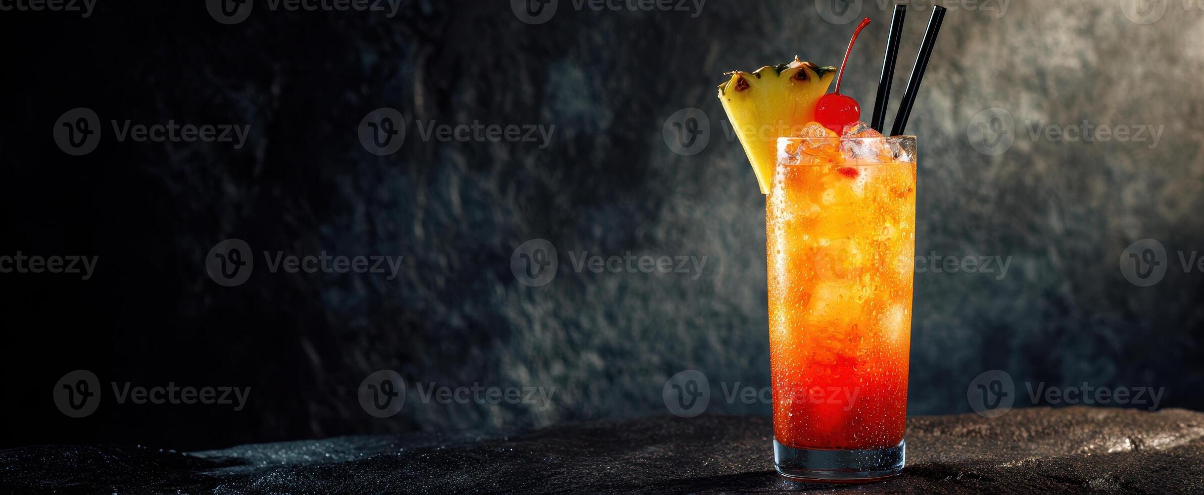 The vibrant cocktail with pineapple and cherry garnishes against a dark background. photo