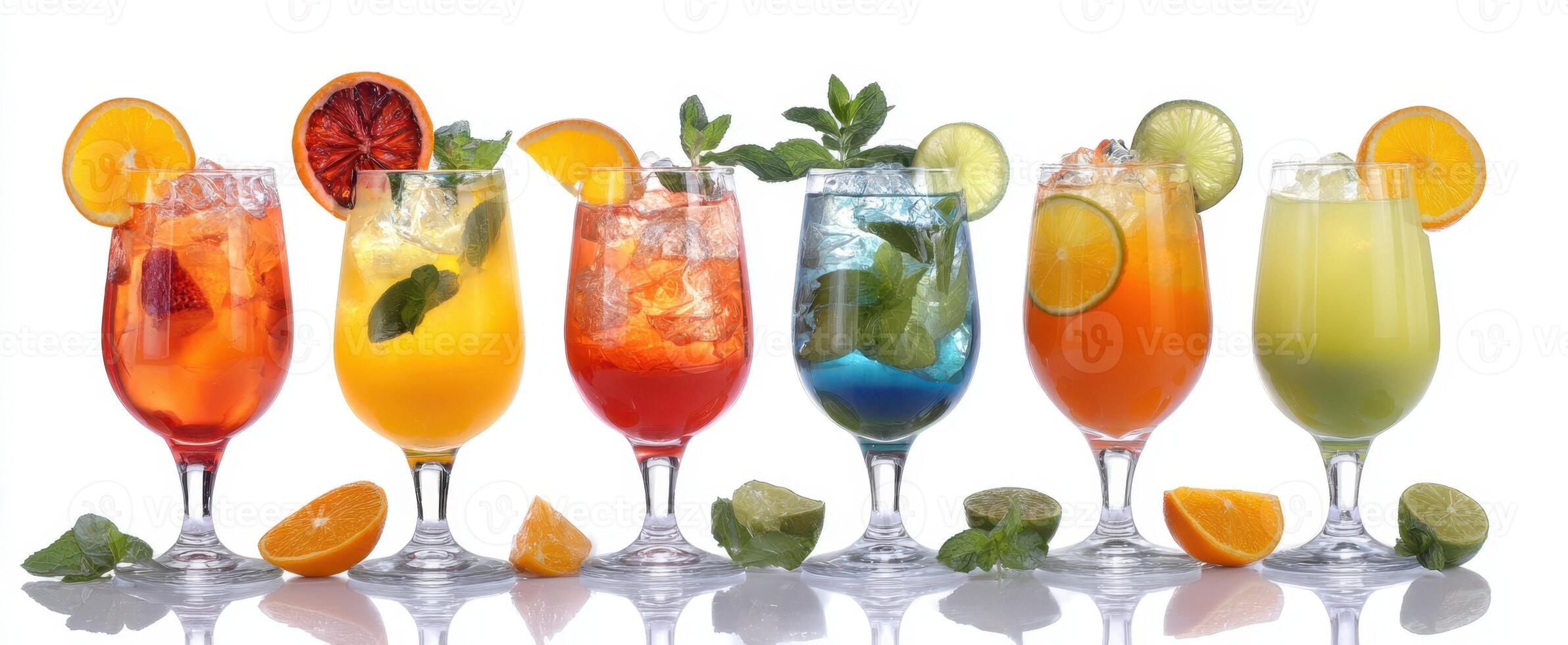 The vibrant collection of cocktail glasses featuring refreshing fruit garnishes. photo