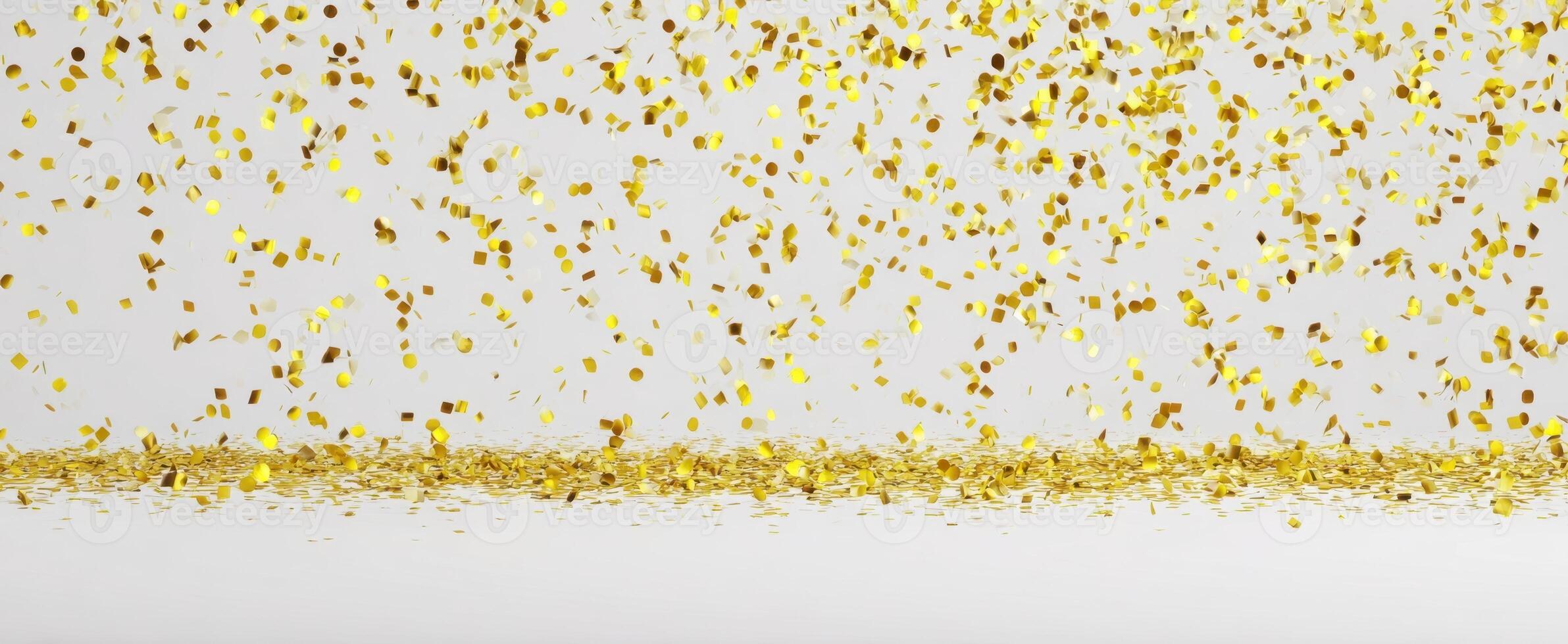 The vibrant golden confetti falling against a clean white backdrop. photo