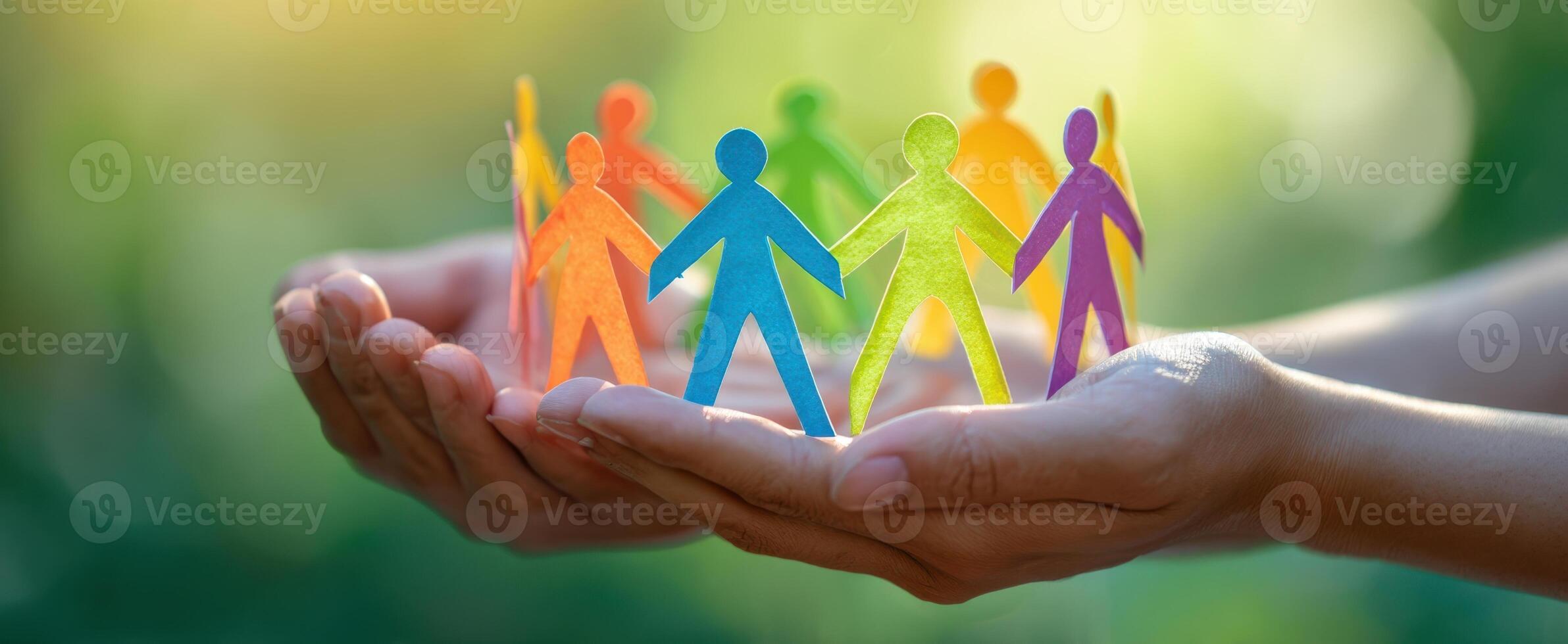 The colorful figures of unity held in caring hands in nature's light. photo