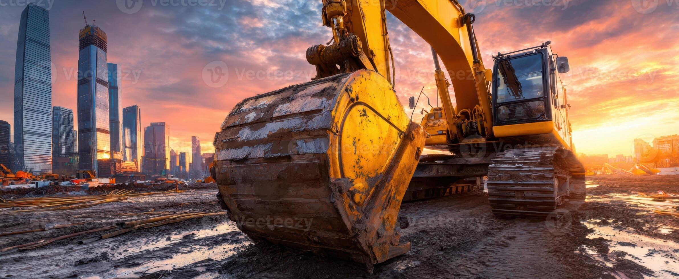 A large excavator is in the foreground of a sunset photo