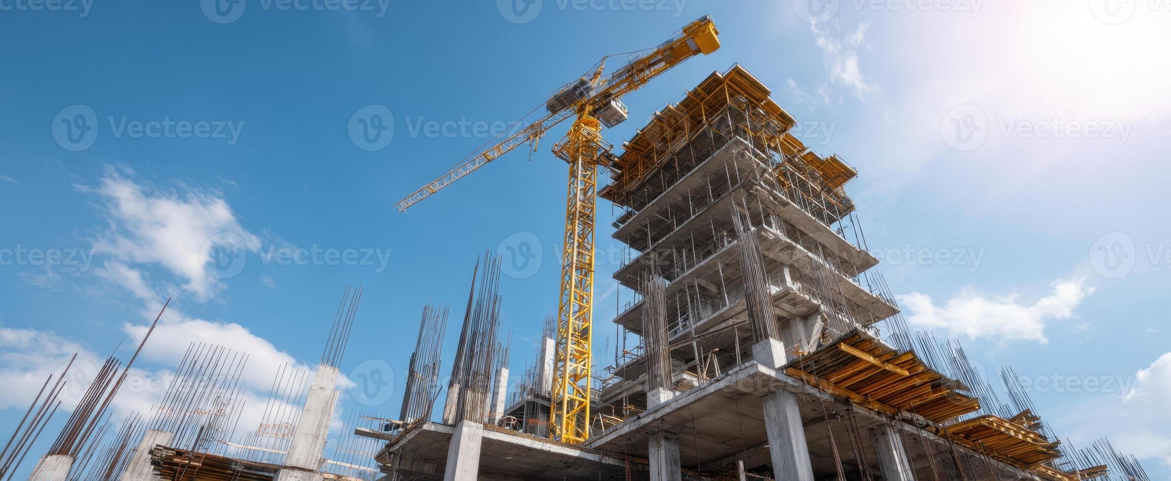 The construction site showcasing a modern building with a crane. photo