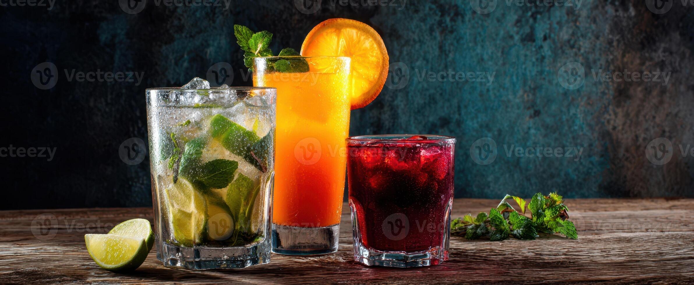 The colorful array of refreshing cocktails on a rustic wooden table. photo