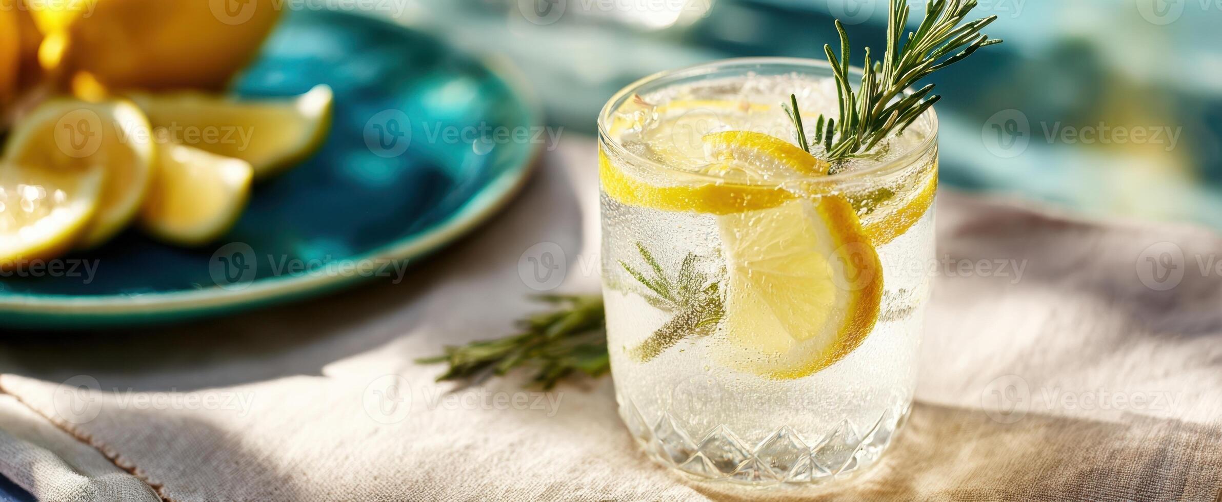 The refreshing lemon and rosemary cocktail garnished with citrus slices. photo