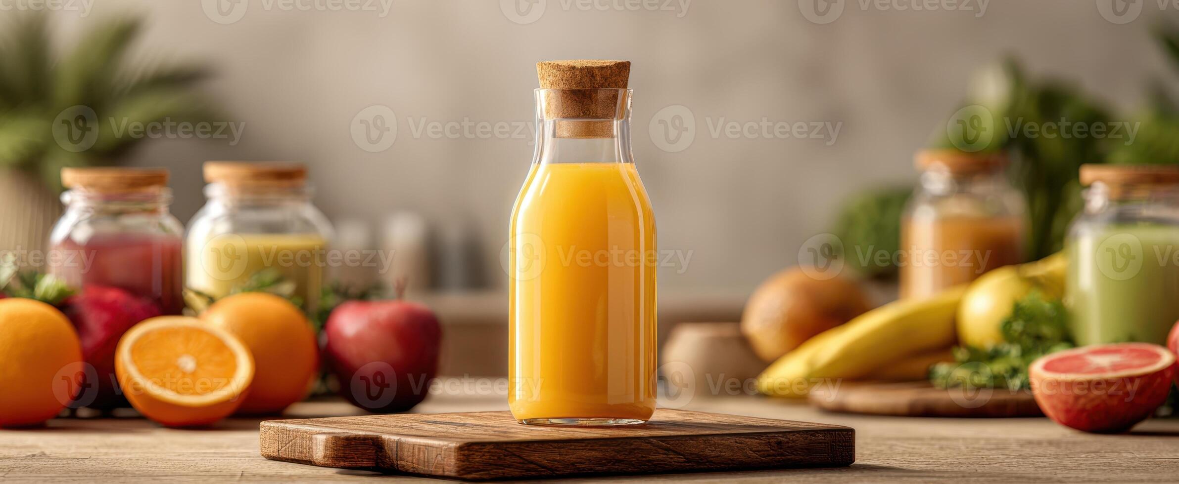 The vibrant glass of fresh juice surrounded by colorful fruits and jars. photo