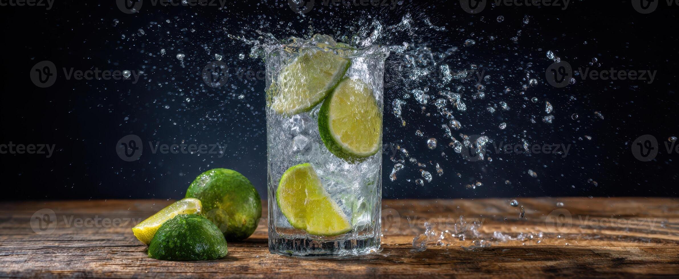 The refreshing splash of lime and water in a glass on wooden table. photo