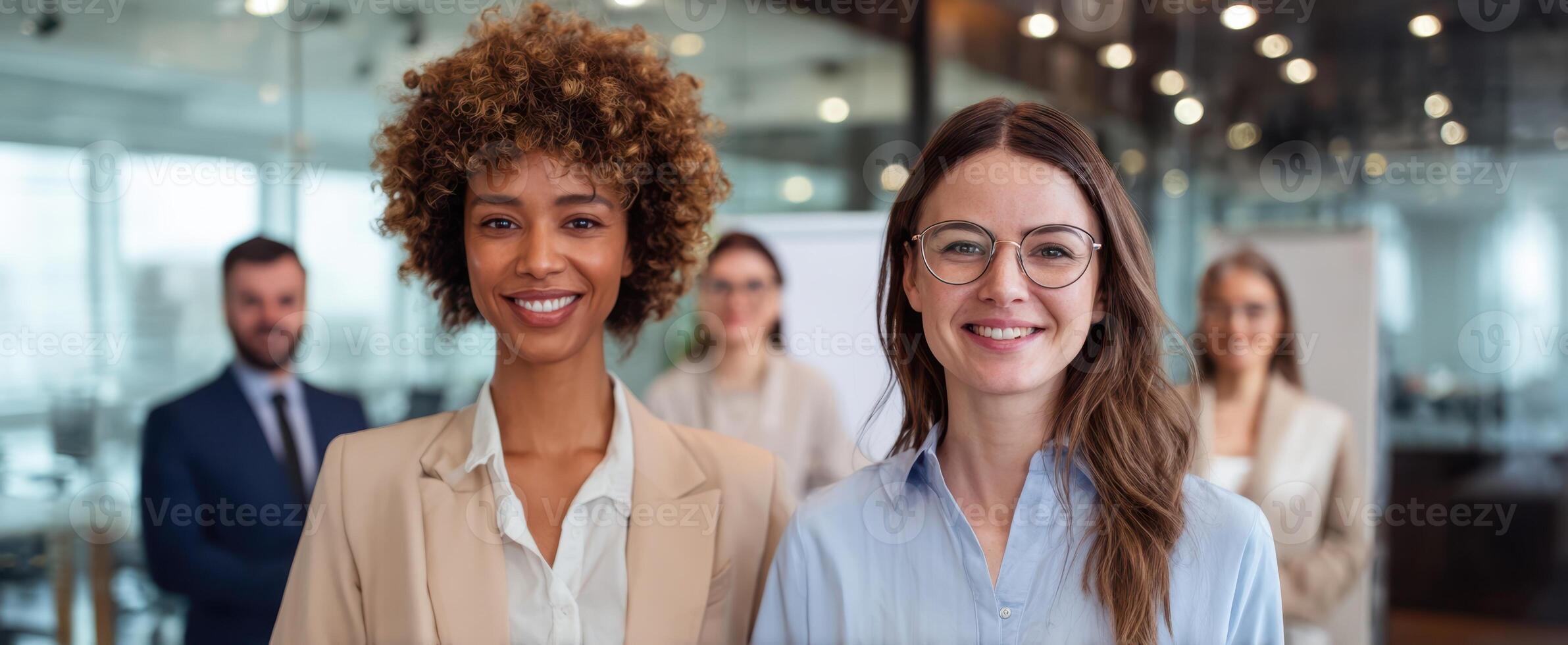 The diverse team of professionals smiling together in a modern office setting. photo