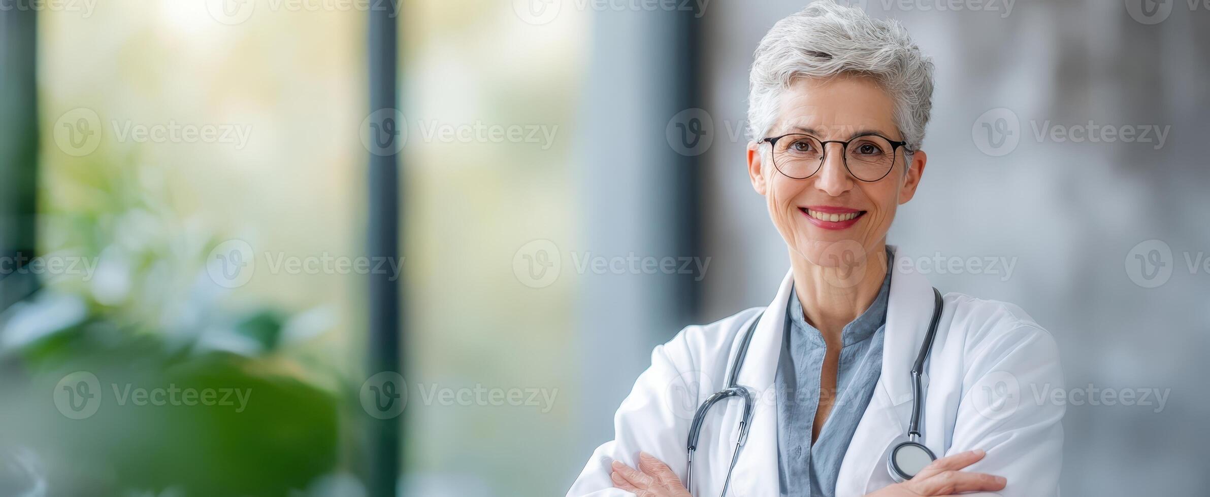 The confident female doctor smiling in a modern healthcare setting. photo