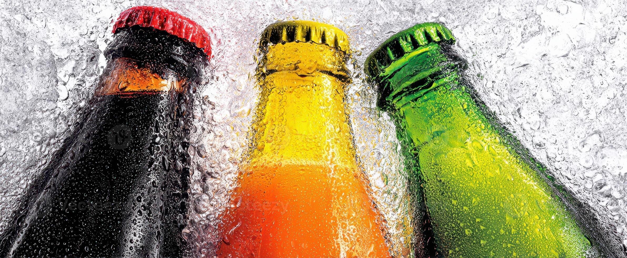 The colorful bottles of refreshing beverages against a chilled backdrop. photo