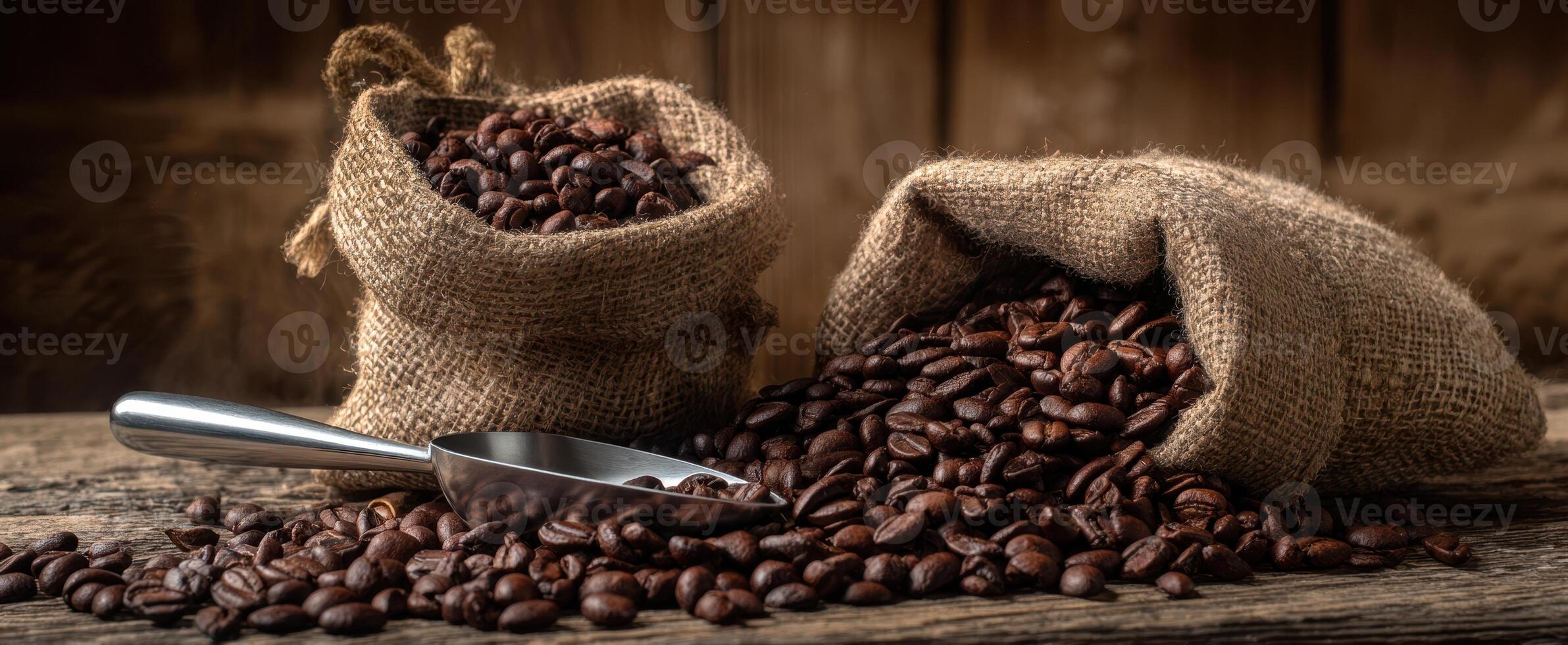 The vibrant scene of coffee beans spilling from burlap sacks on wood. photo