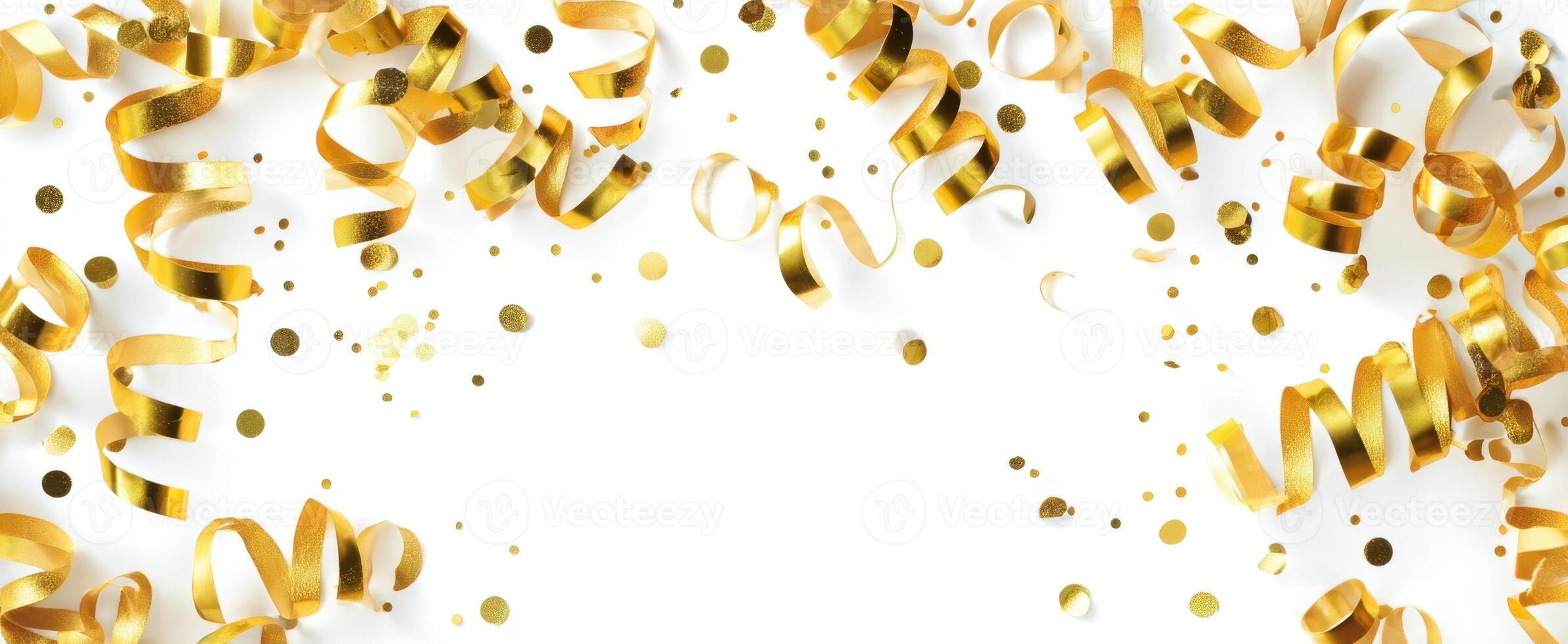 The shimmering gold streamers and confetti create a festive celebration backdrop. photo