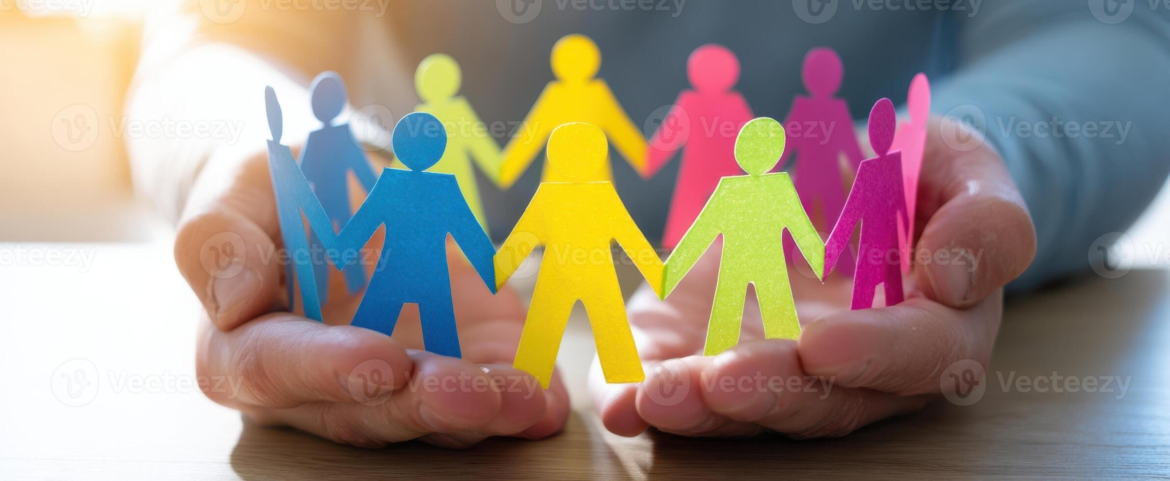 The hands supporting colorful paper people representing unity and connection. photo