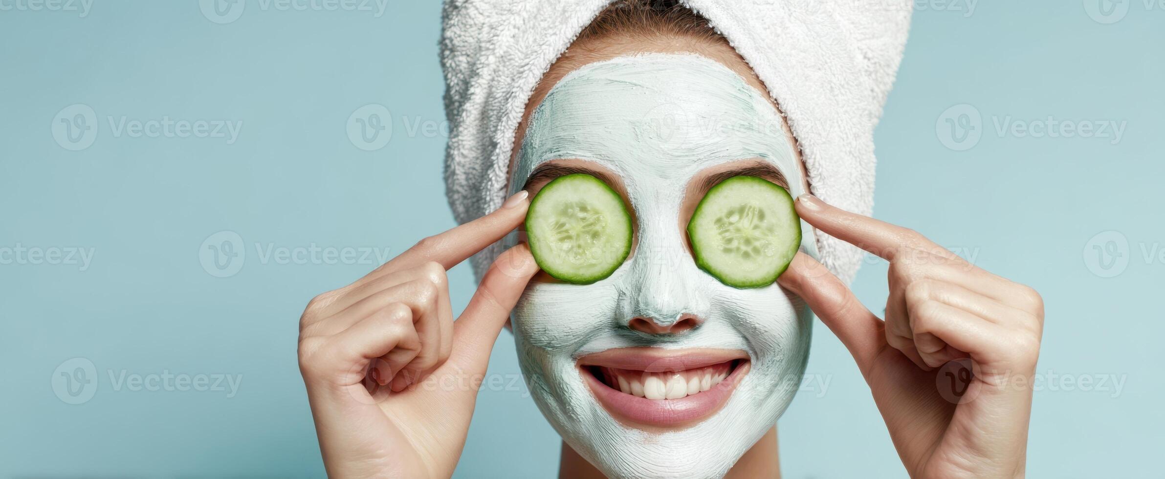 The playful woman enjoying a spa day with cucumber slices and facial mask. photo