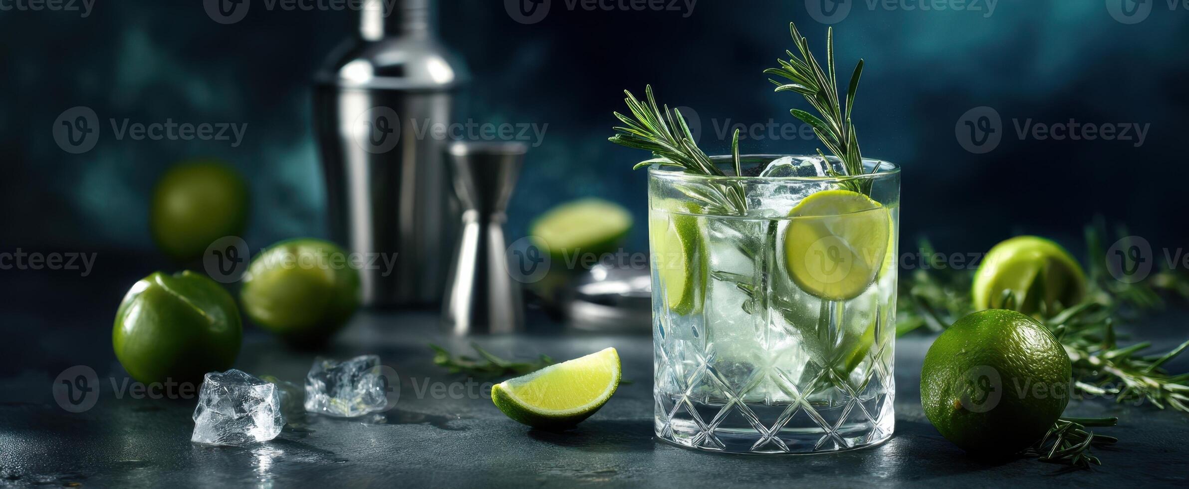 The refreshing cocktail garnished with lime and rosemary in a stylish glass. photo