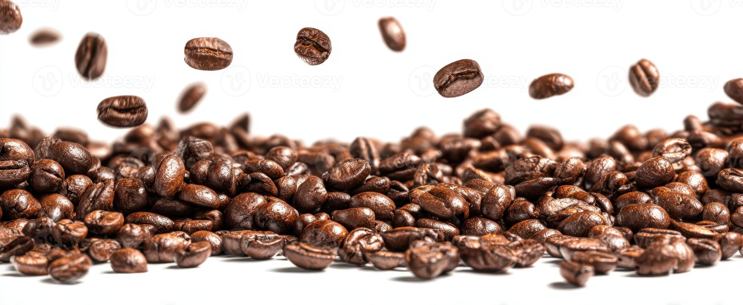 The scattered coffee beans creating an energizing and aromatic coffee experience. photo