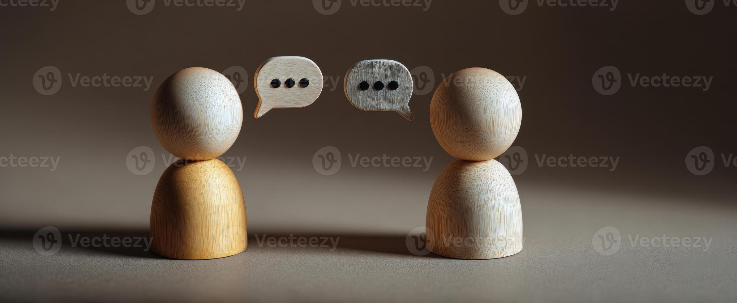 The wooden figures engaged in a thoughtful conversation with speech bubbles. photo