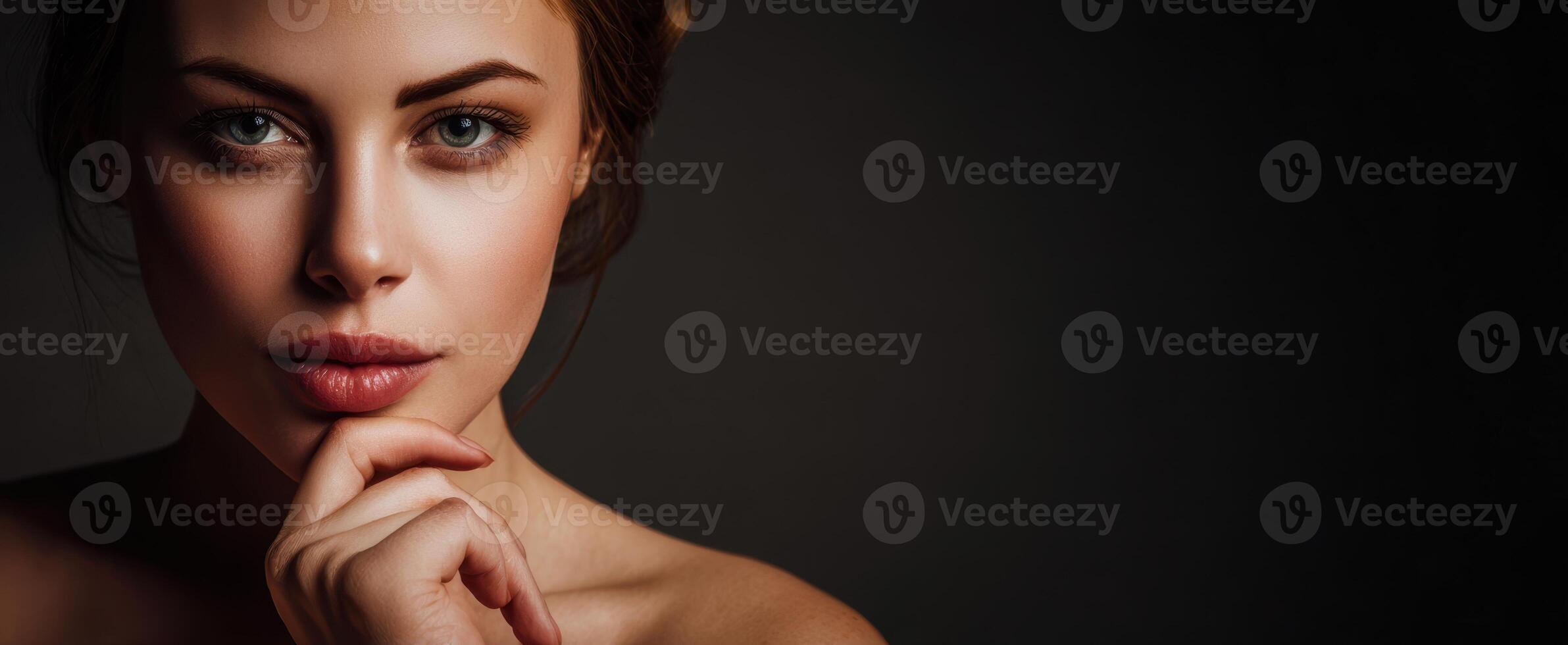 The striking beauty of a thoughtful woman in dramatic lighting. photo