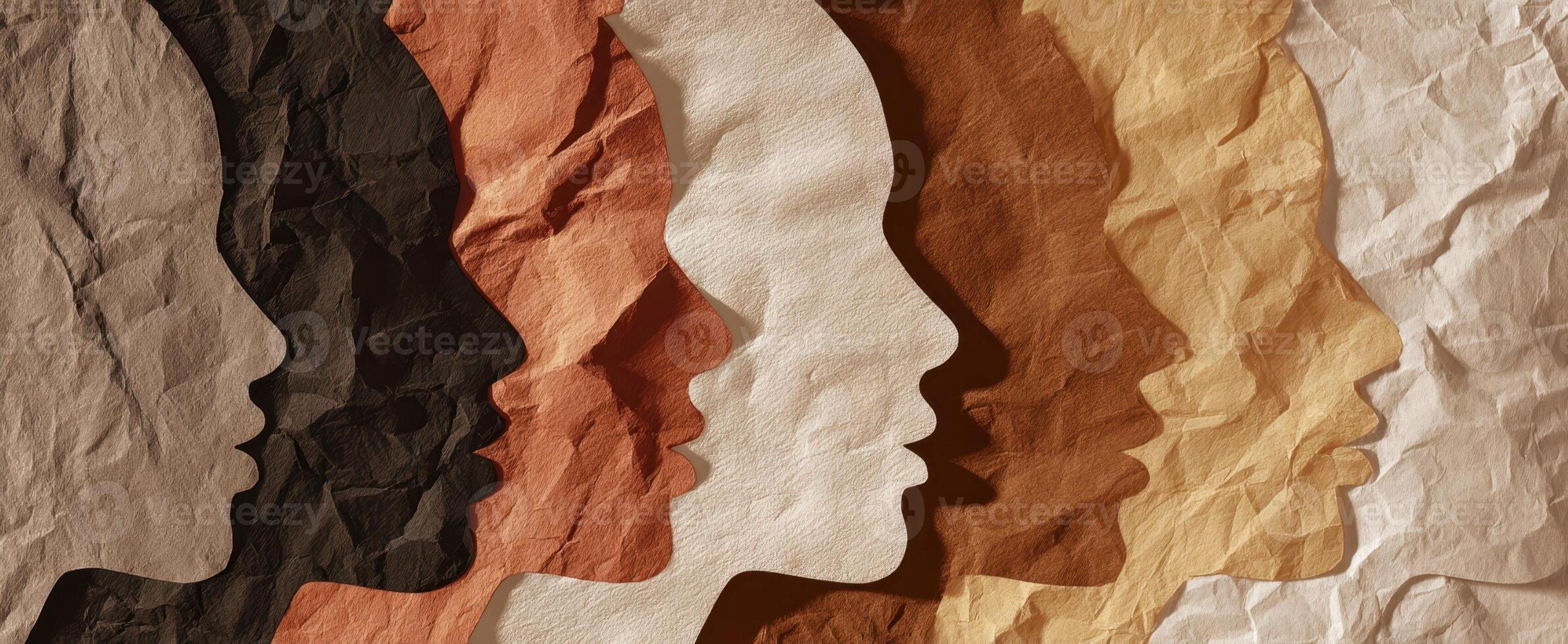 The layered profiles showcasing diverse faces in textured paper design. photo